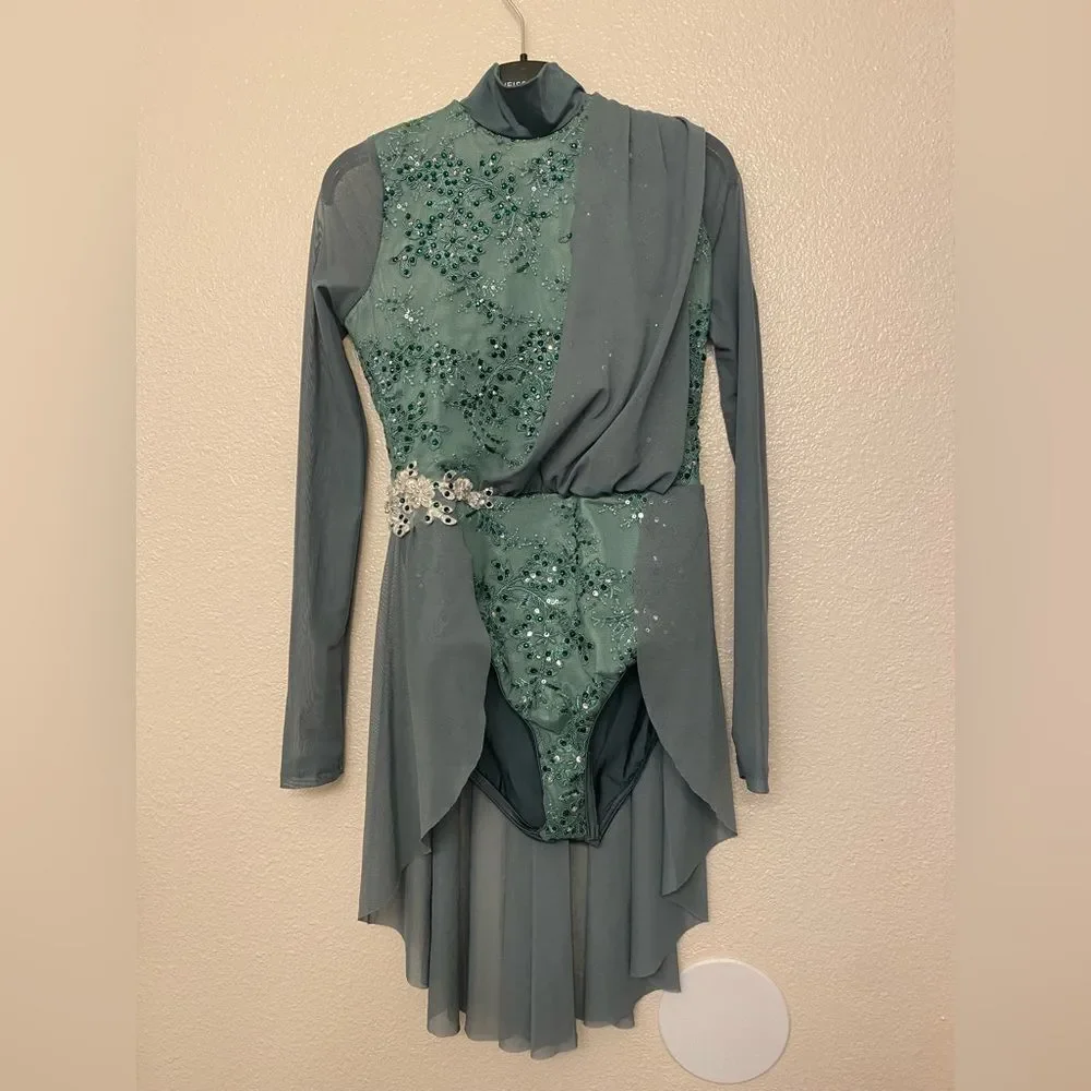 Weissman Dance lyrical Costume green mesh skirt bead applique Pompeii 14713 XSA